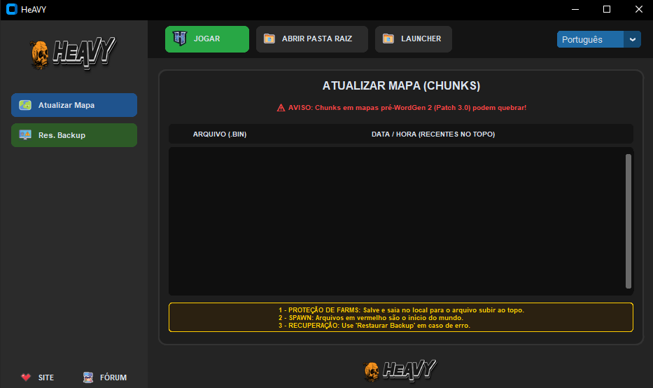 Interface do Heavy mostrando a lista de chunks e o botão Atualizar Mapa
